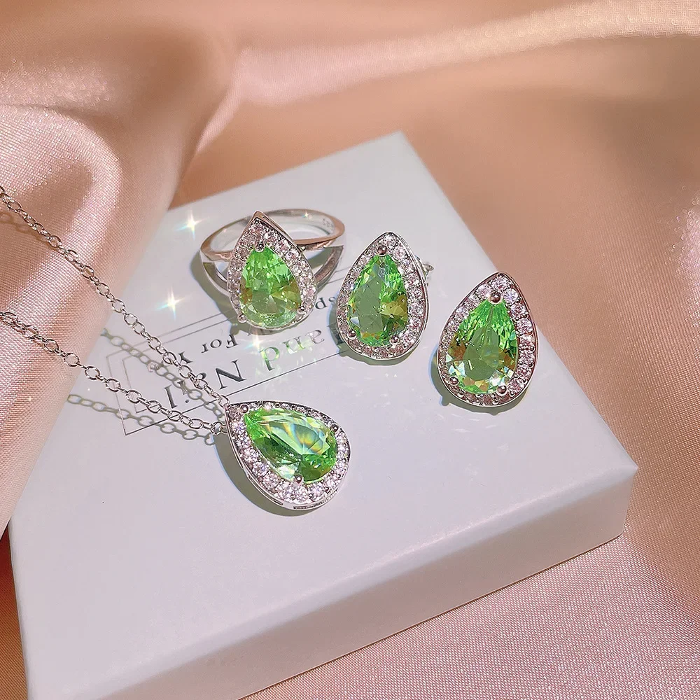 100 % Original-Schmuckset aus 925er-Sterlingsilber, 3-farbig, Wassertropfen-Schliff, 1,0 ct Zirkonia, Ring, Ohrringe und Halsketten-Set für Damen