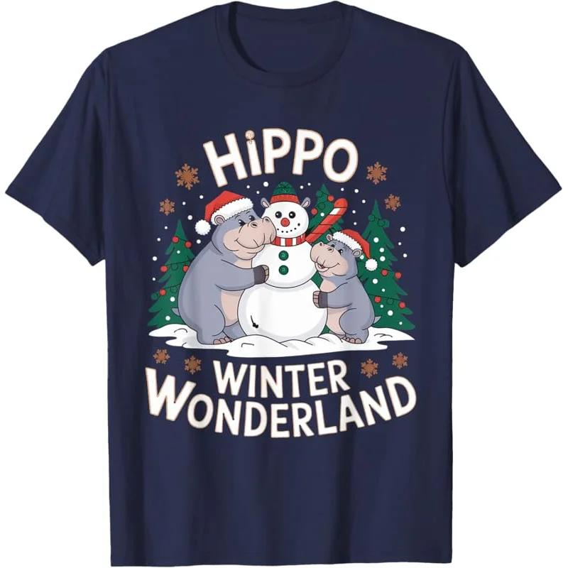 Hippo Family Building Snowman in Christmas Wonderland Vibes T-Shirt