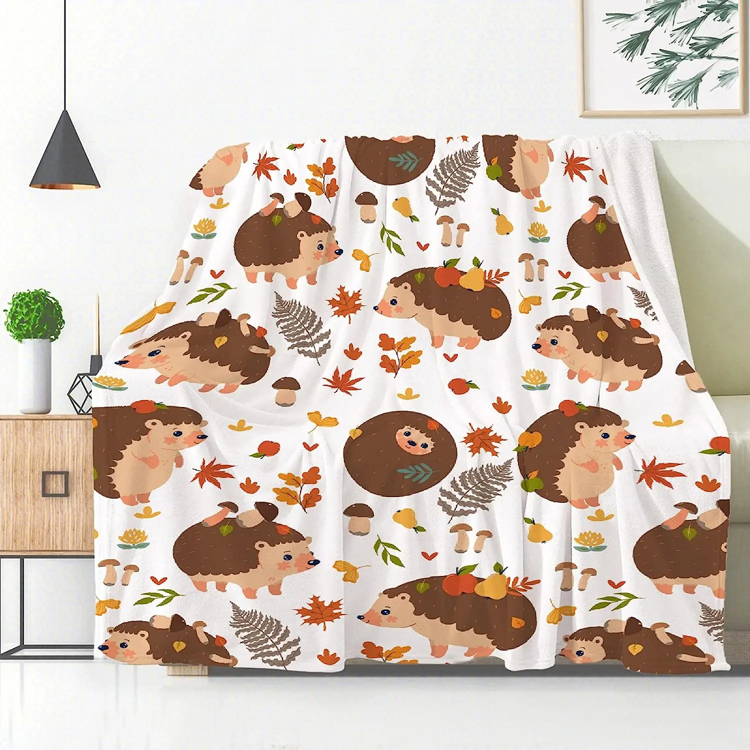 Hedgehogs with Mushrooms Throw Blanket, Autumn Leaves Blankets, Wild Nature Animals Blankets for Boys and Girls, Ultral