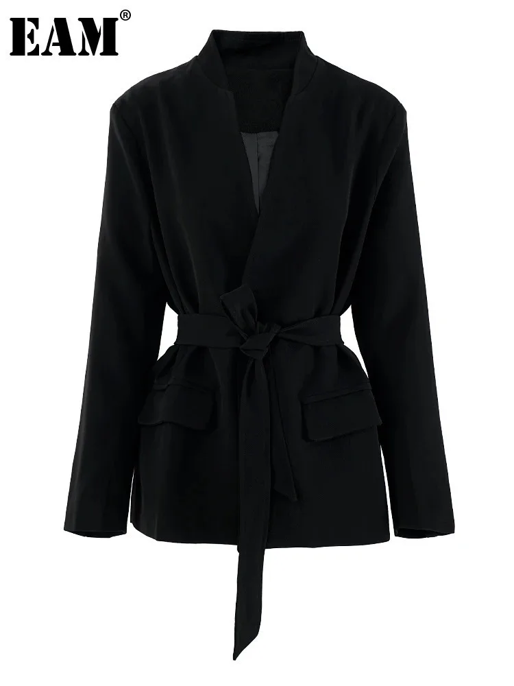 [EAM] Women Black Belted Pocket Elegant Big Size Blazer New V-neck Long Sleeve Jacket Fashion Tide Spring Autumn 2024 CPG2282