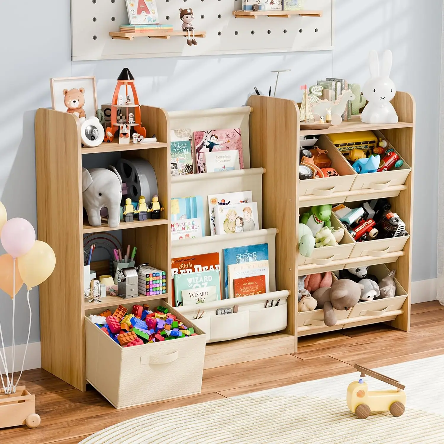 

Kids Toy Book Storage Organizer - Large Bookshelf with 7 Removable Bins, Baby Bookshelf and Toy Storage, 4-Tier Book Shelf