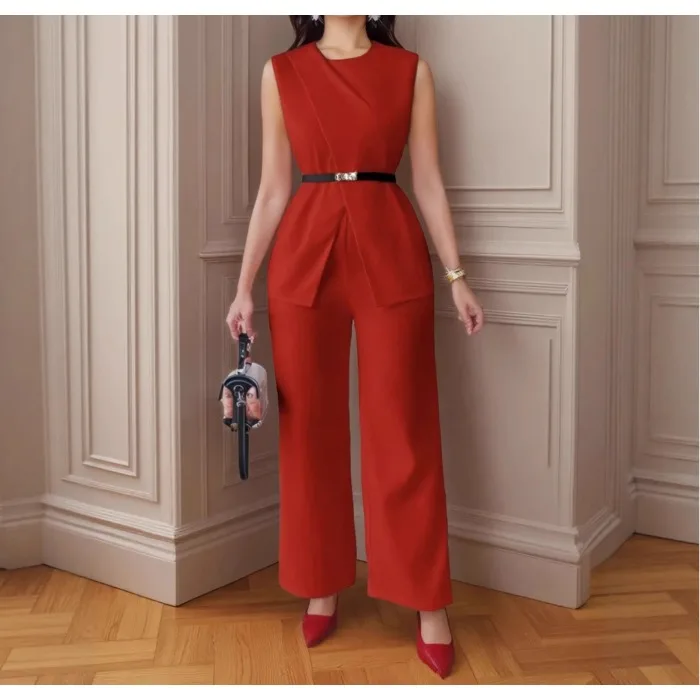 2 Piece Sets Women Pants Round Neck Belt Sleeveless White High Waist Tops Solid Slim Fit Elegant Wide Leg Long Trousers Suit
