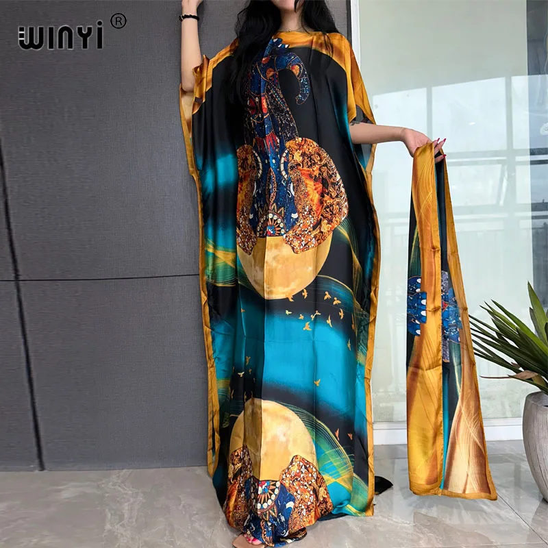 

WINYI Africa 2023 loose Long Dress with belt Women fashion Print kaftan Casual Elegant Holiday summer silk Bohemian party dress