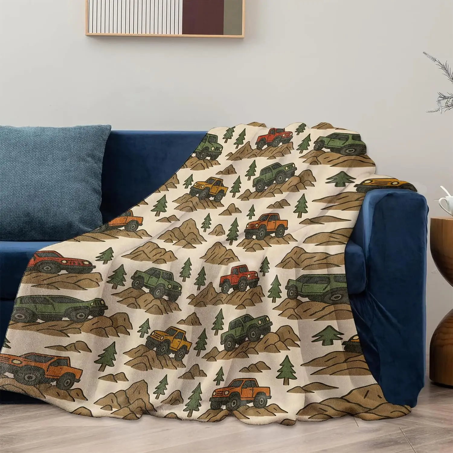 Mountain Adventure off Road Car Throw Blanket Tree Pattern Soft Warm Lightweight Flannel Blanket for Sofa Couch Camping Decor