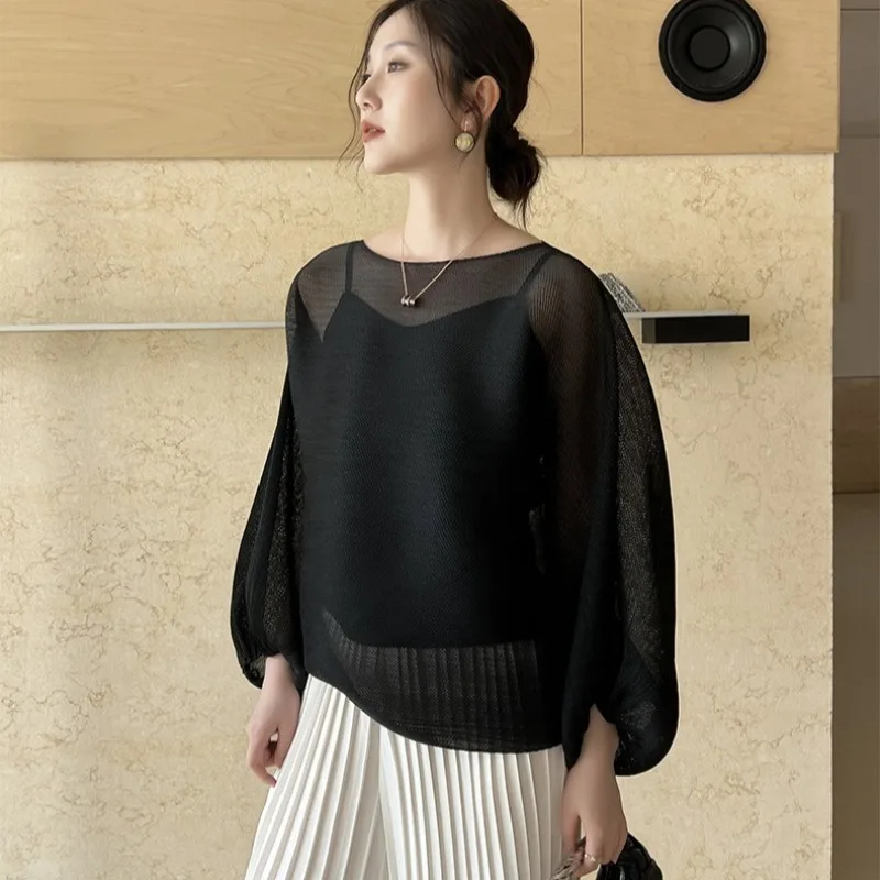 

2026 Spring New Miyake Pleated Women's Tops Japan and South Korea Casual Sweet Bat Sleeve Mesh T-shirt Thin Transparent Clothing