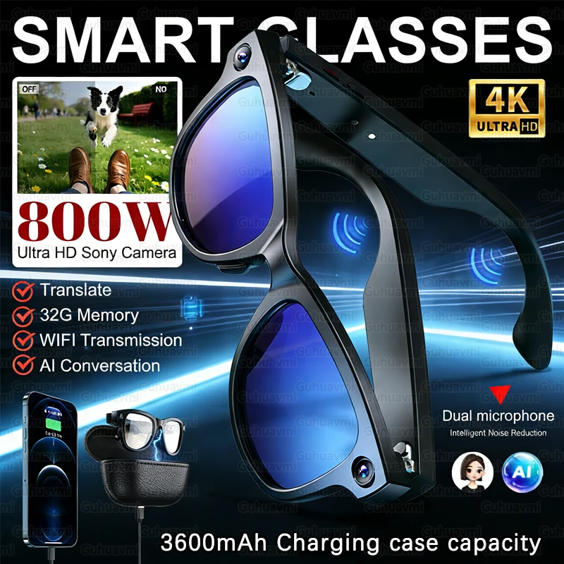 

New 800W 4K HD Camera Smart Glasses Shooting Real-time Translation Sunglasses 32GB Memory 360° Sound with 3600mAh Charging Case