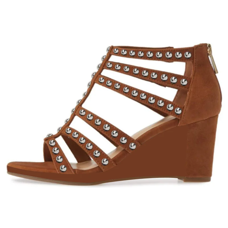DIZHUANG Sexy women's high-heeled sandals. Brown/black suede sandals. Slope sandals. About 8cm heel height. Fashion show banquet