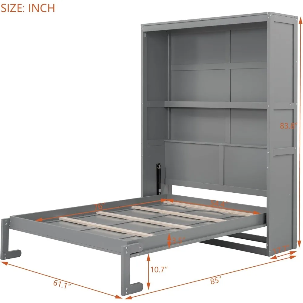 Full Size Murphy Bed Wall Bed Cabinet with Storage Shelves, Space-Saving for Multipurpose Guest Room or Home Office, Gray