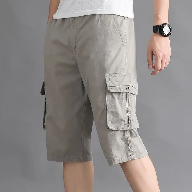 Summer Casual Comfortable Men\'s Middle-aged Elderly Seven-Point Pants Loose Shorts Solid Color Pocket Fashion Short Pants 2023