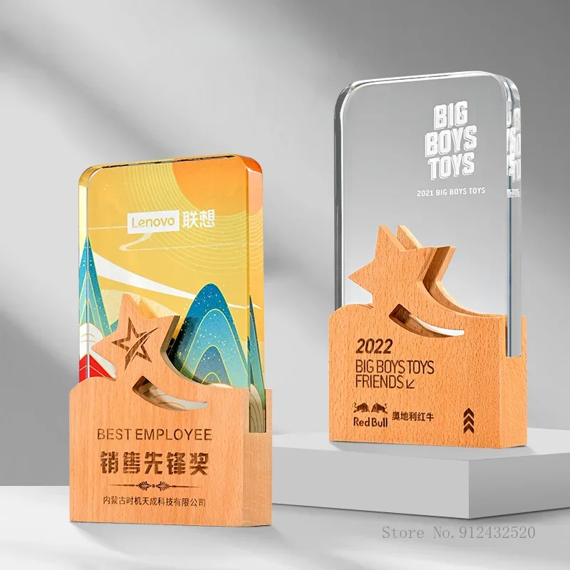 Customized Solid Wood Base Crystal Trophy, Home Decoration Award, Can Be Lettering Color Printing, Five-Pointed Star, High-Grade
