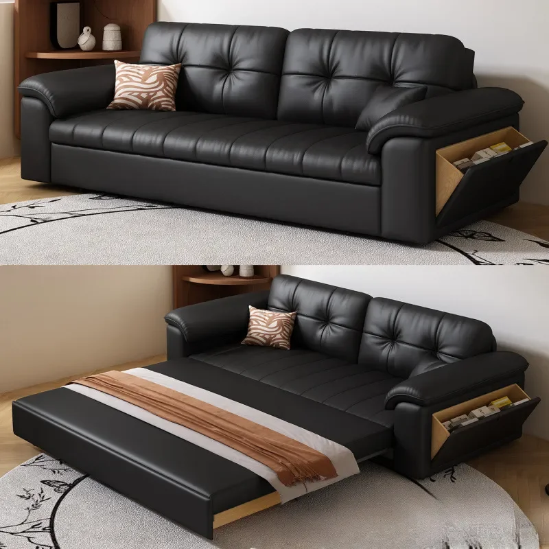 Foldable Leather Sofa Bed with Cat Scratcher Storage Italian Minimalist Dual Purpose Couch for Small Apartment Living Room
