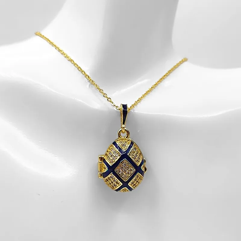 Y2k New Cross-Border Russian Jewelry Check Opening And Closing Egg Micro-Inlaid Zircon Pendant Tassel Copper Gold-Plated Enamel