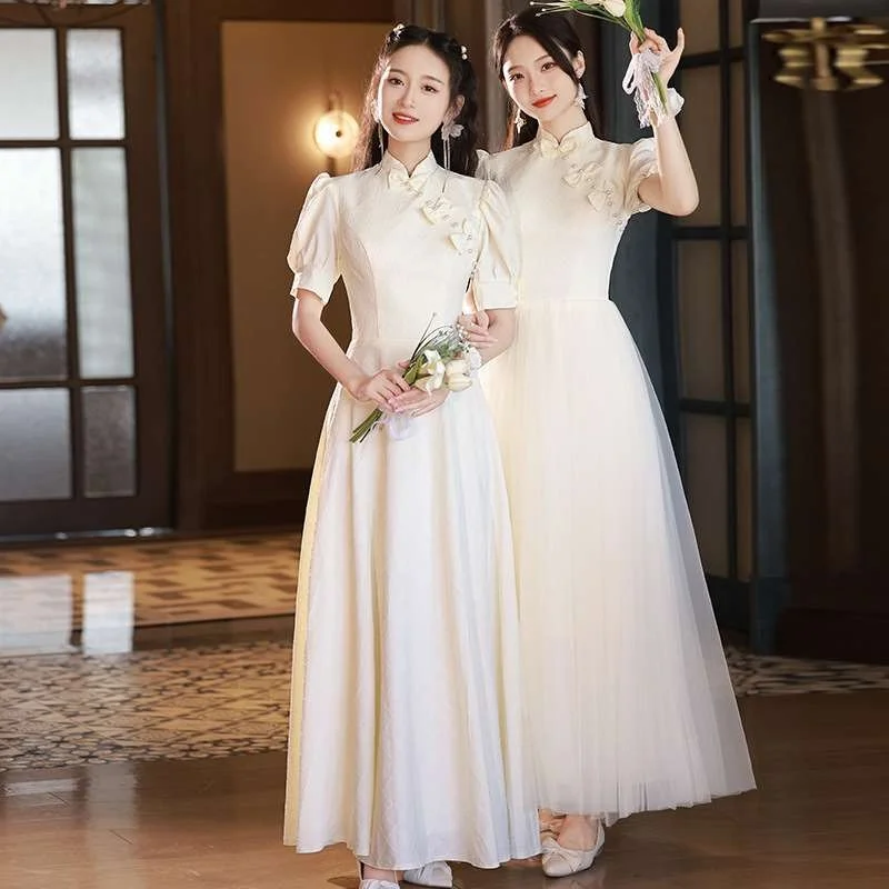 

Chinese Sle Fairy Long Bridesmaid Dr Women's Summer New High Waist Zipper Regular Sve KTV Costume Other 00% Material