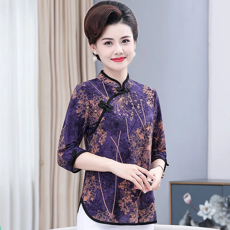 Spring and summer three-quarter sleeve Tops Women Blouse Traditional Vintage Chinese printed cheongsam collar Shirt