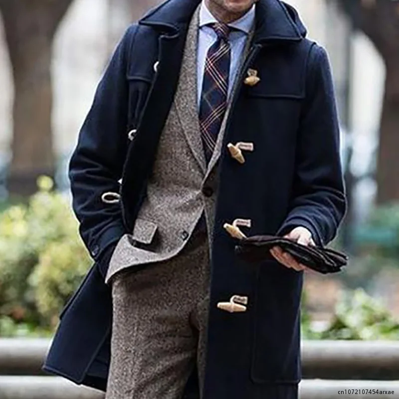 New Middle Aged Men's Coat Fashion Medium Long Lapel Male Woolen Jacket Autumn and Winter Long Overcoat Chaqueta