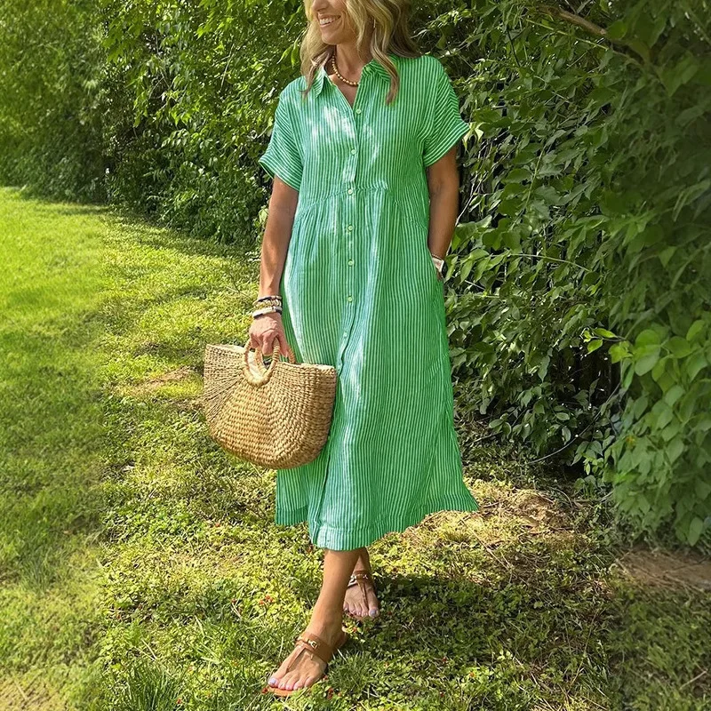 Vestido de praia feminino listrado lapela botão para baixo camisa vestido com bolsos verão manga curta a linha vestido longo moda feminina outfit