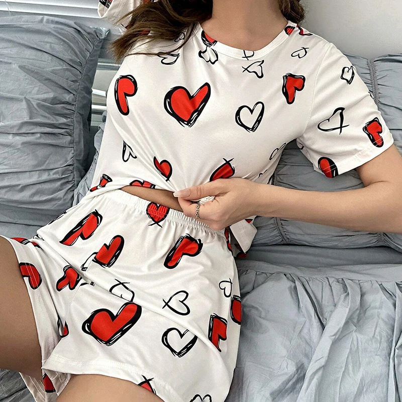 Women\'s Sleepwear Cute Strawberry Print Pajama Pj Set Summer Short Sleeve Top & Shorts Loungewear Soft Comfortable Home Clothing