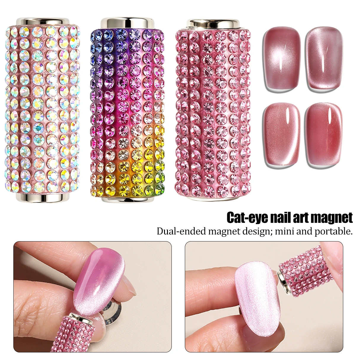 Cat-eye nail art set featuring a handle fully encrusted with rhinestones; easily creates a translucent cat-eye halo effect.