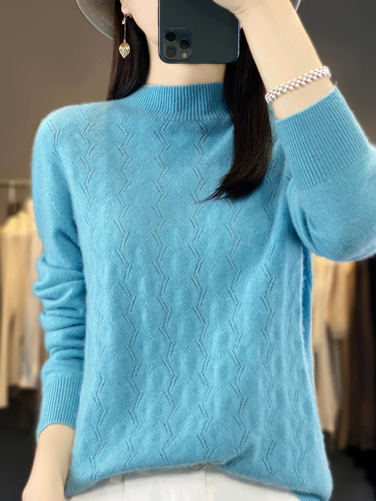 Women Autumn Winter Sweater 100% Merino Wool Pullover Mock Neck Hollow Long Sleeve Cashmere Knitwear Female Clothing New Fashion
