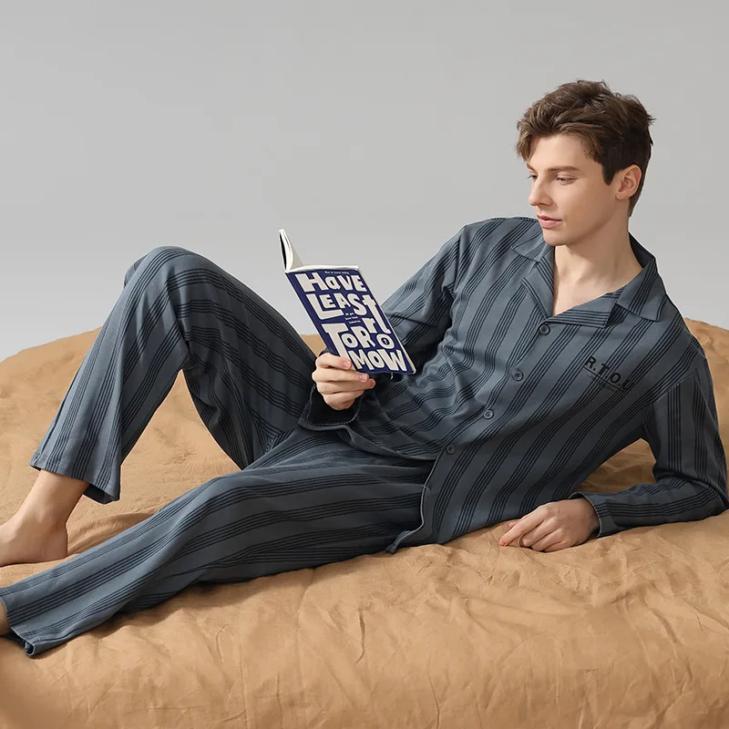 100% Cotton Pajamas Men Summer Autumn Soft Bottoms Set with Pocket 3Pcs Long Sleeve Sleepwear Nightwear Pijama Hombre Oversize