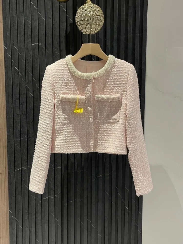 Ladies Party Sweet Pearls Beading Tweed Jacket O Neck Tank Dress Two Piece Sets Autumn Elegant Office Ladies Matching Set Outfit