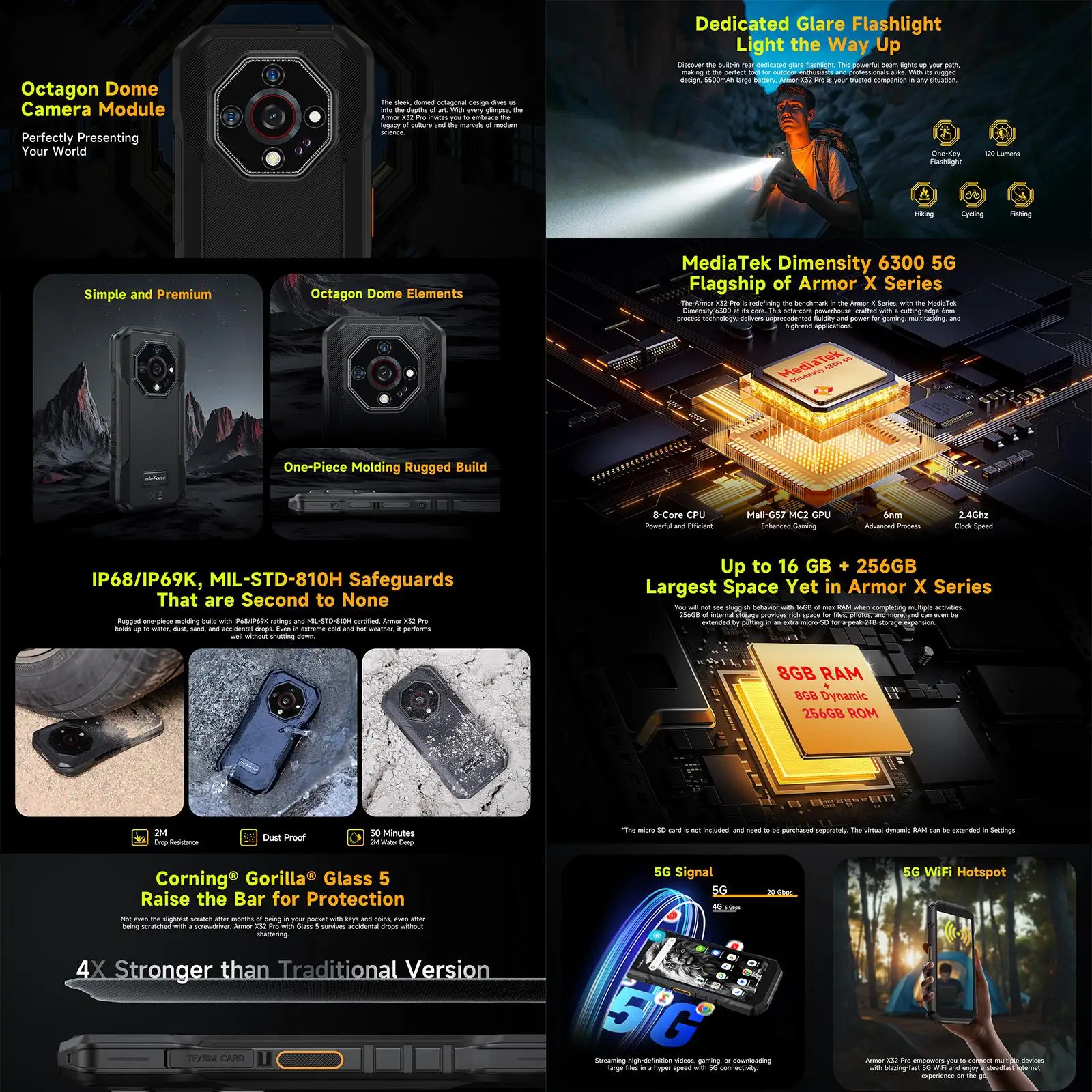 Ulefone Armor X32 Pro 5G هاتف ذكي متين أندرويد 14 5.65 بوصة 8 جيجابايت + 256 جيجابايت MediaTek الأبعاد 6300 ثماني النواة للرؤية الليلية NFC #3