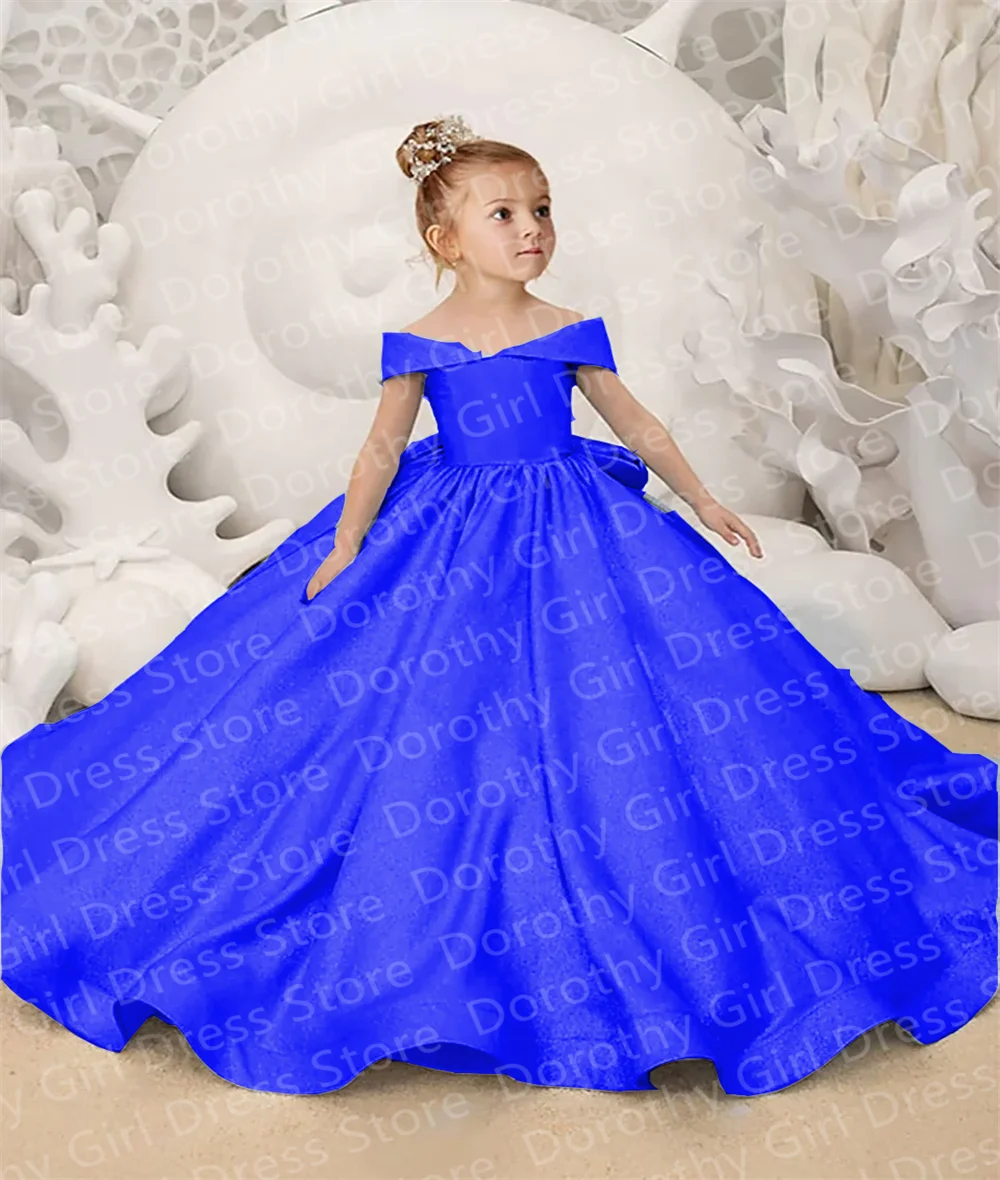 Satin Bow Royal Blue Long Trains Flower Girl Dresses For For Kids Birthday Party Official Events First Communion Dress