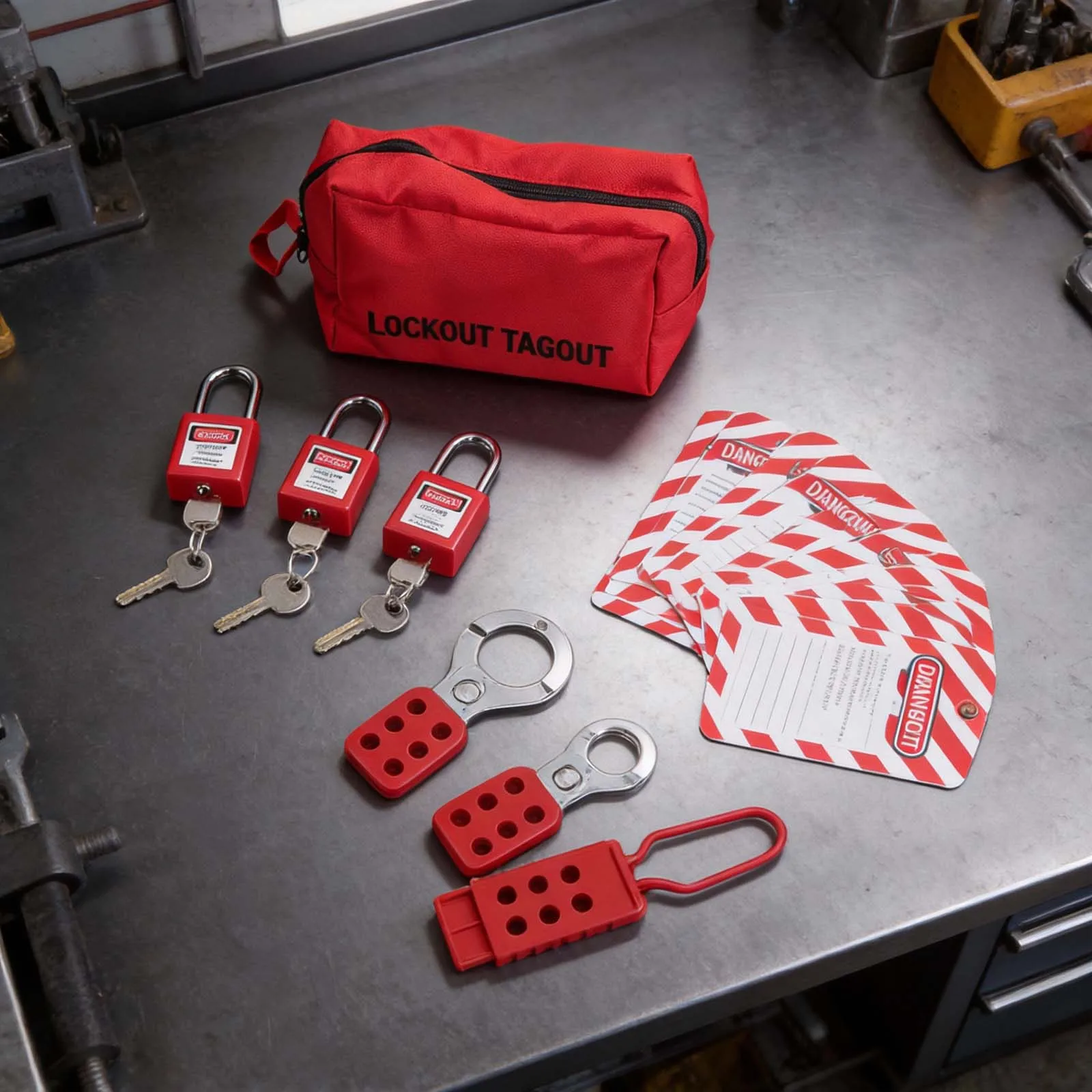 Electric Group Lockout Kit with 15 Safety Tags and 3 Padlocks for Effective Equipment Locking in Industrial Settings