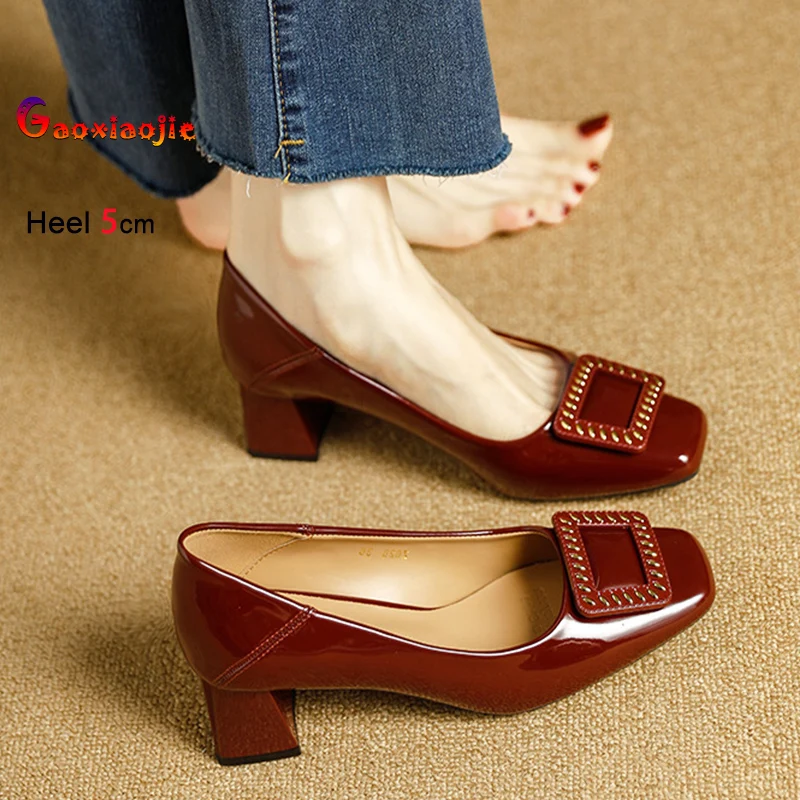 

5CM/2Inches High Heels Wine red Square Toe Party Shoes Commuter Shallow Patent leather Casual Daily Women Pumps Hot Best Selling