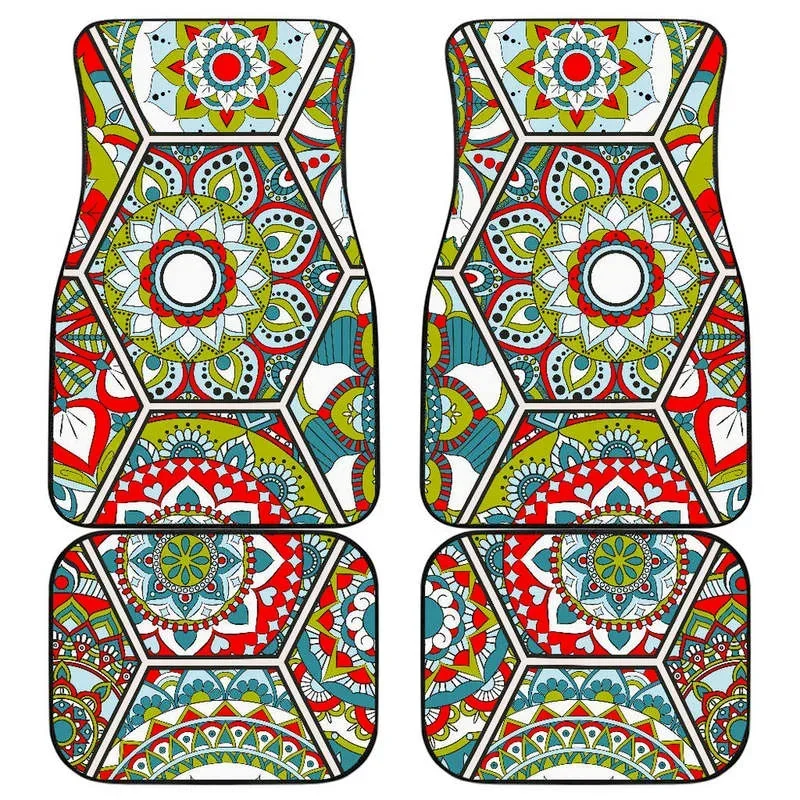 Oriental Mandala Bohemian Pattern Print Front and Back Car Floor Mats Heavy Carpet Front and Rear Full Set 4PCs Pack