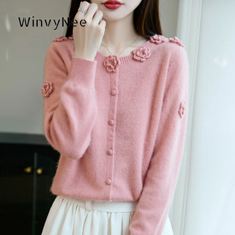 WinvyNee Women Pure Wool Solid Color Nine Roses Floral Jacquard Cardigan Soft Warm Luxury Autumn Winter Knit Outerwear ZB1807011