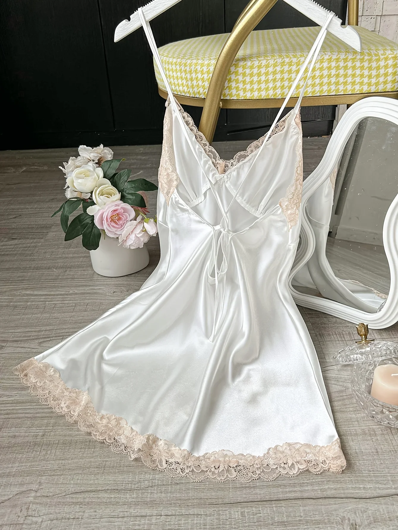 

Women's Satin V-Neck Lace Trim Chemise 2-Pc Sexy Mini Nightdress