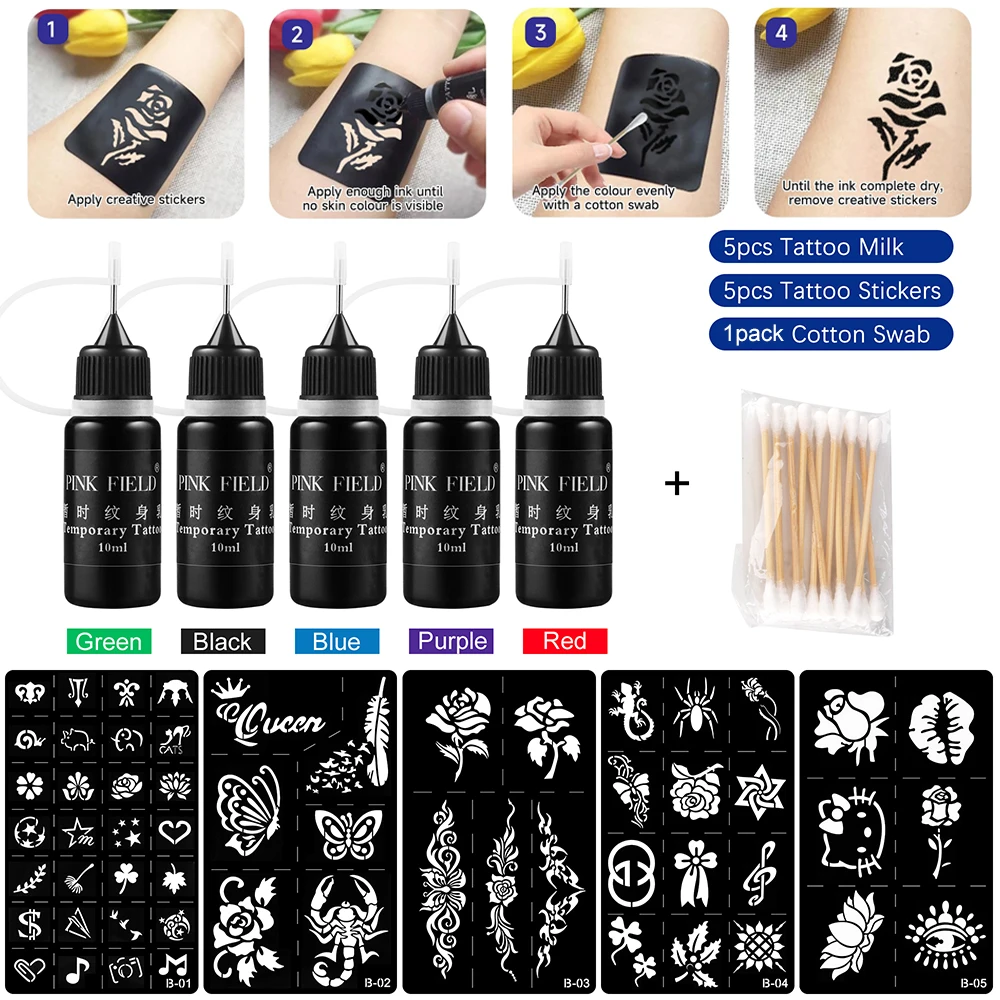 

Набор временных татуировок, 5 бутылочек, цветные чернила, набор трафаретов из 5 шт. для временной татуировки краски для тела, поддельные татуировки своими руками для женщин, мужчин, детей