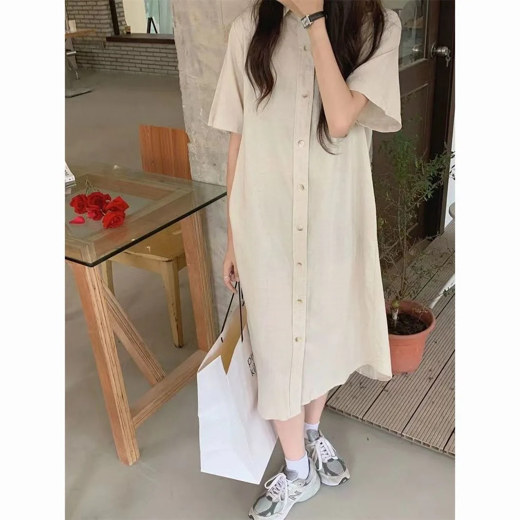 Cotton Linen Summer Dress Women's Thin Loose Casual Age-Defying Shirt Long Skirt Mid-Length Vintage Artistic Style Short Sleeve