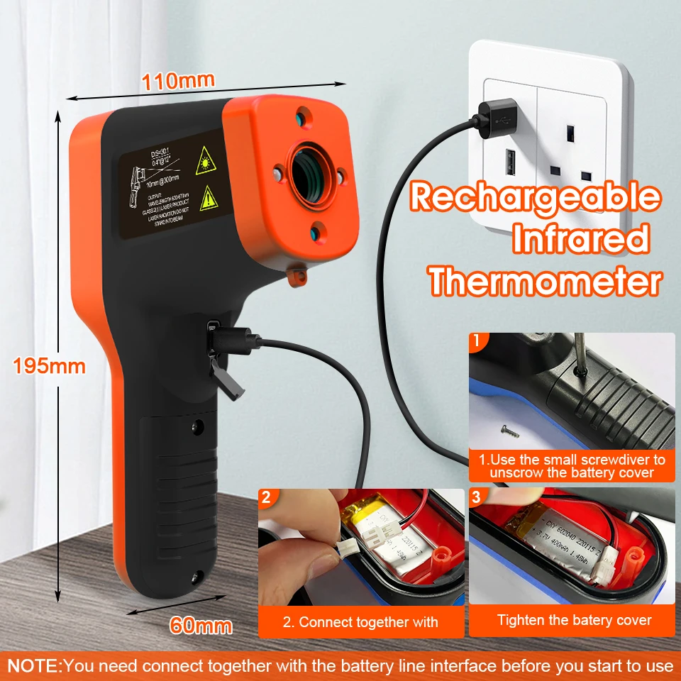 HoldPeak Infrared Thermometer 1600, -50 to 1600 °C Temperature Gun, 30:1 D:S Ratio, Adjustable Emissivity, Rechargeable for HVAC