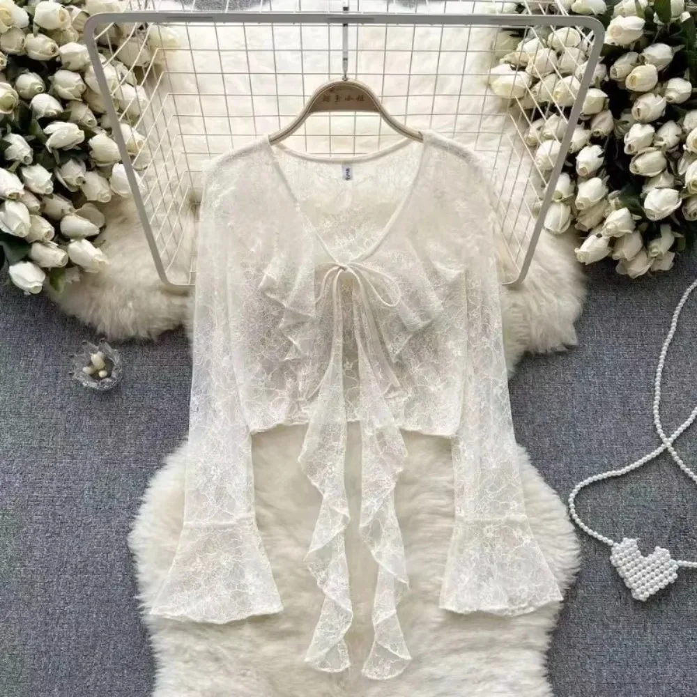 

Blouses Women Lace-up Summer New Design Thin Trendy Long Sleeve Leisure Sweet Girls All-match Korean Style Tender Streetwear Ins