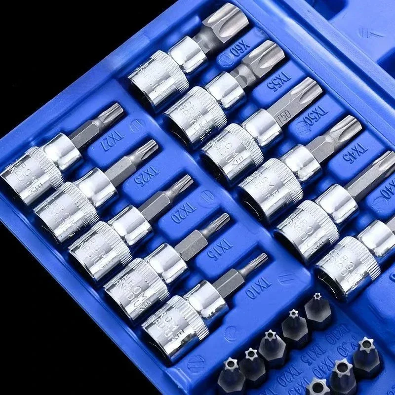 34Pcs Torx E-Torx Bit Socket Set CR-V Chrome Vanadium 1/4 3/8 Drive Star Socket Wrench Auto Truck Repair Hand Tool Kit with Case