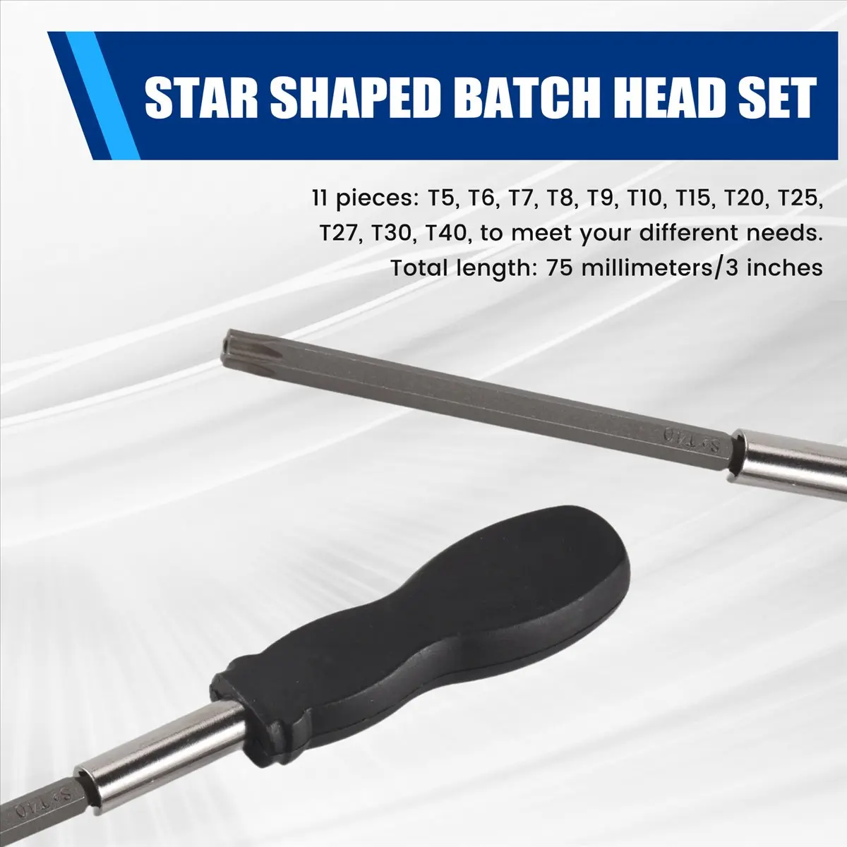 #29P 11 Pack 75mm Torx Head Bit Set Hex Shank T6-T40 Star with 1 Handle,Torx Head Screwdriver Bit,(steel)
