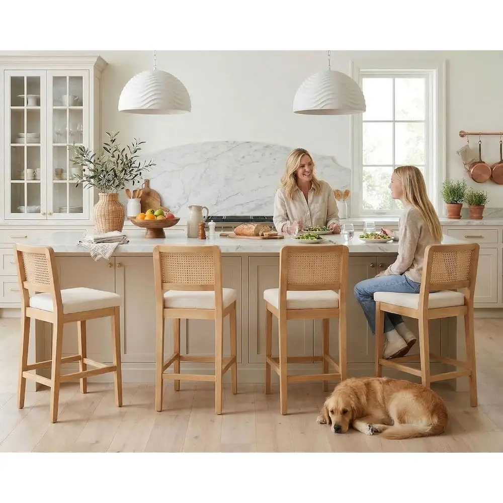 

Set of 4 Rattan Backed Upholstered Bar Stools, Chenille Beige for Breakfast Bar or Kitchen Island