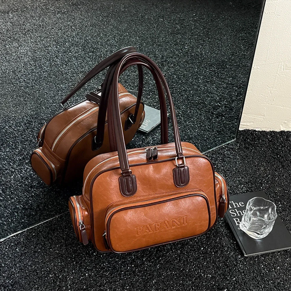Vintage Color-blocking Bags Women PU Leather Shoulder Bag Large Capacity Multi Pockets Handbag Casual Daily Travel Tote Bag