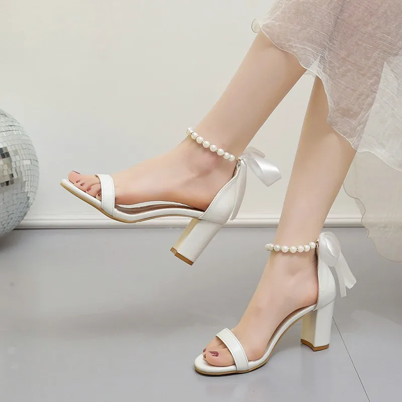 Women Sandals Fashion Sexy String Bead Silk 7CM Square Heel Buckle Strap Banquet Dress Wedding Women\'s Shoes Beige Wedding