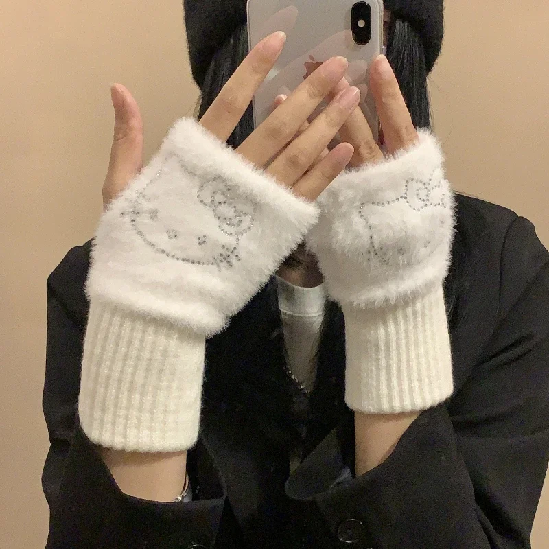 Hello Kitty-guantes suaves de invierno con medio dedo para mujer, cálidos guantes sin dedos de punto de felpa Blanco sólido de lujo, manoplas para escribir