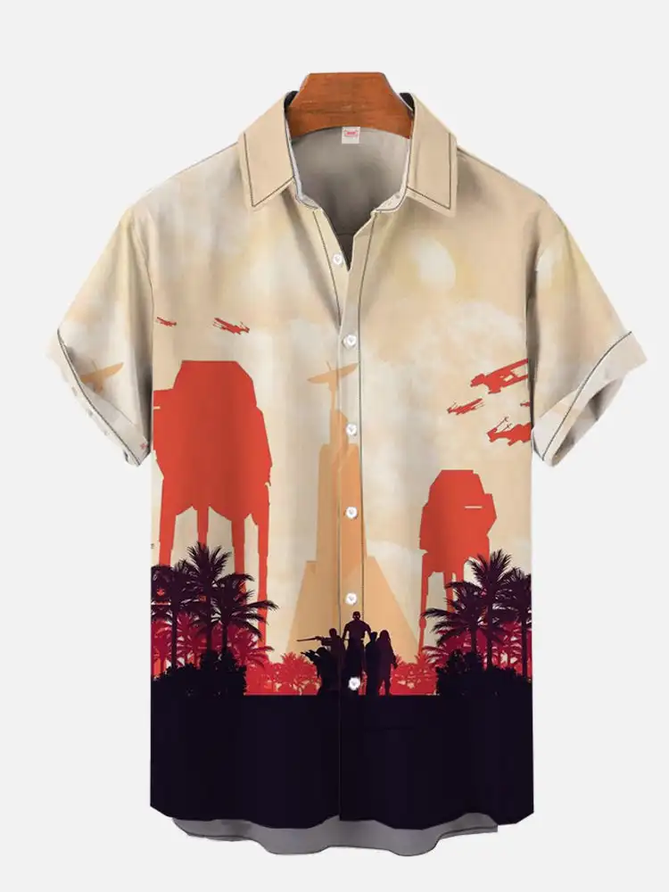 Camisa de Manga Curta Estampada Havaiana, Praia do Pôr do Sol, Coqueiro e Armadura Walker, Plus Size S-5XL