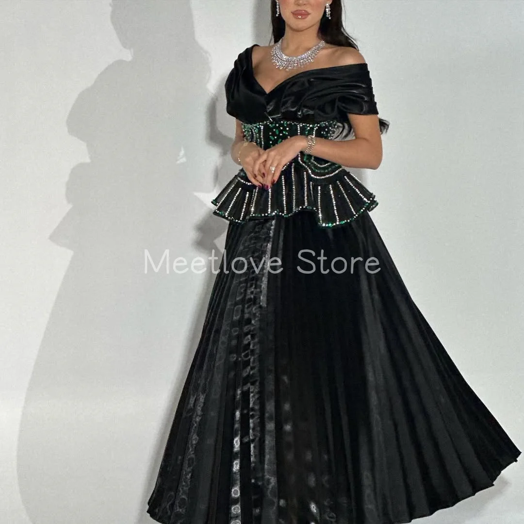 Meetlove-vestidos de noche de cristal negro con hombros descubiertos, cuentas personalizadas, sin mangas, cuello en V, largo hasta el suelo, línea A, fiesta de lujo