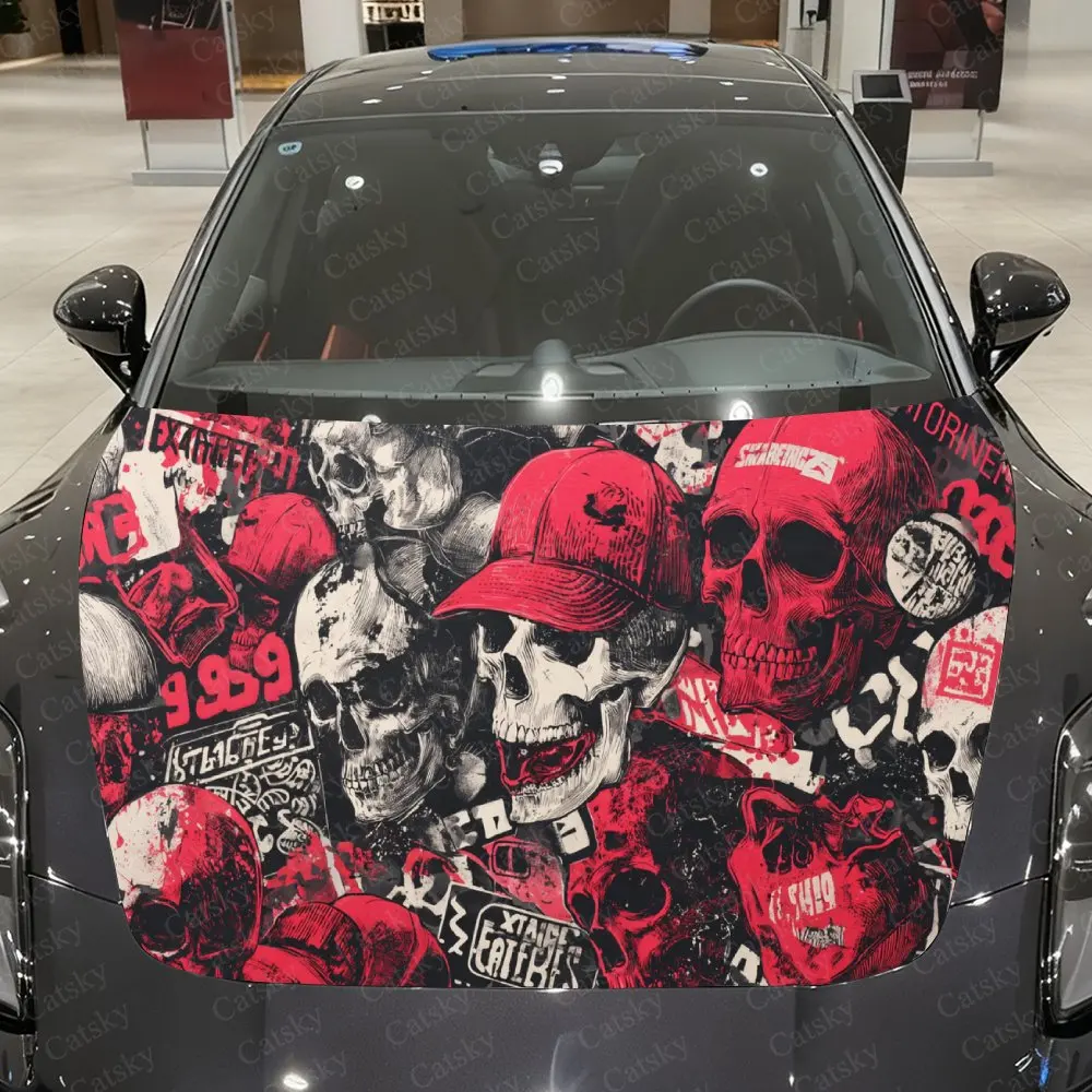 

Punk Skull & Skateboard Red-Black Graffiti Car Vinyl Wrap, PVC Material Waterproof Car Hood Sticker, Self-Adhesive Scratch-Resis