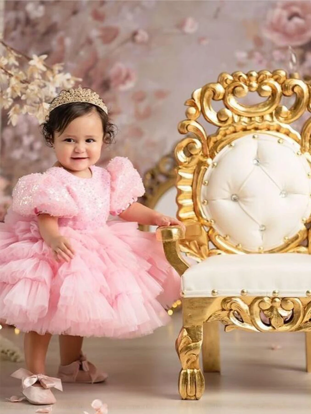 Vestido de ceremonia con cierre de botón trasero para niña, vestido de fiesta de lujo para fiesta de cumpleaños