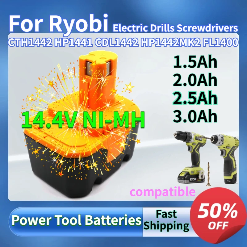 1.5Ah-3.0Ah Rechargeable 14.4V NI-MH Battery for Ryobi Electric Drills Screwdrivers CTH1442 HP1441 CDL1442 HP1442MK2 FL1400