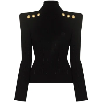 2022 primavera e autunno nuovo bottone maglione a collo alto camicia a maniche lunghe che tocca il fondo maglione pullover slim fit da donna Top