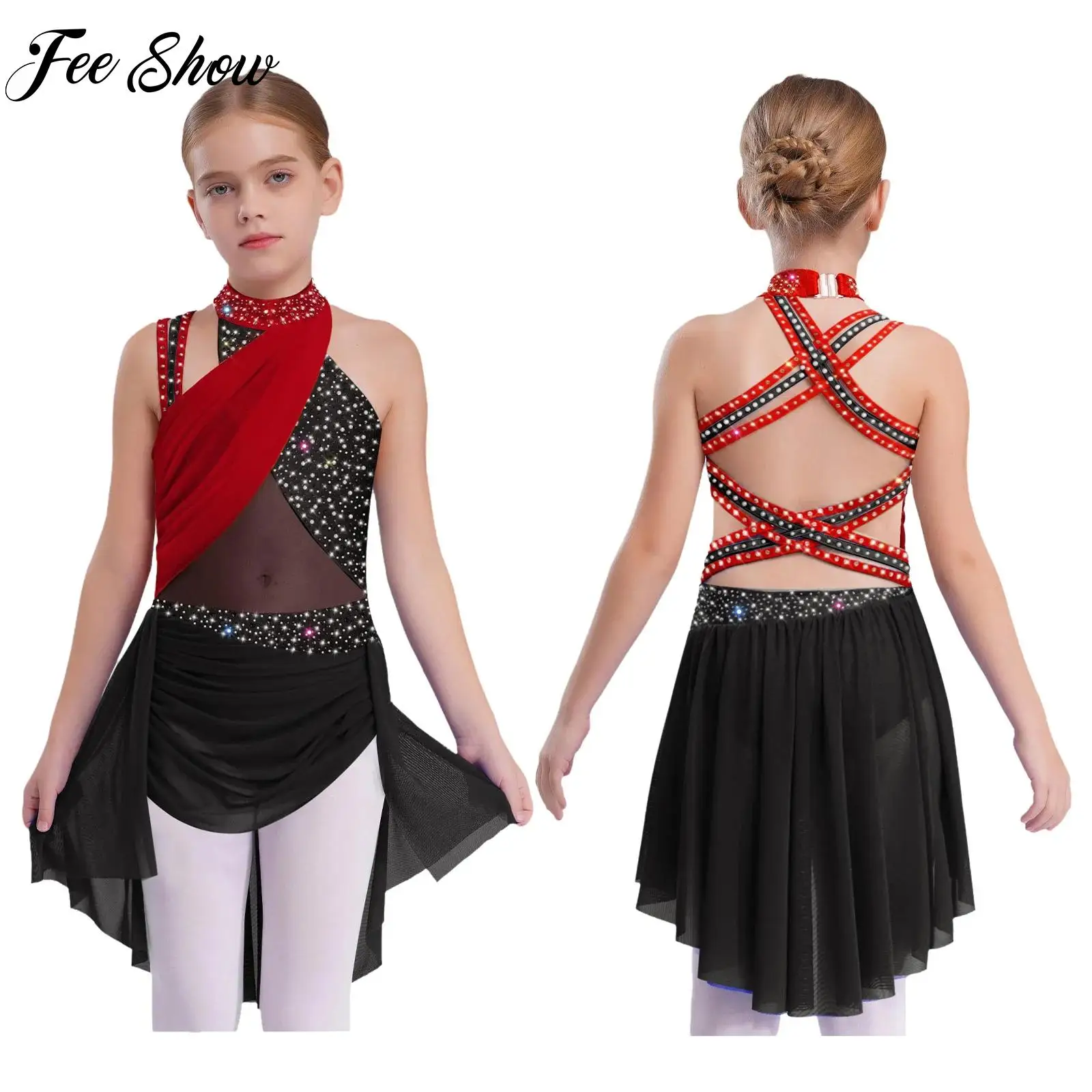 

Kids Gymnastics Figure Skating Dress Girls Rhinestones Sleeveless Crisscross Strappy Back Ballet Lyrical Modern Dance Costume