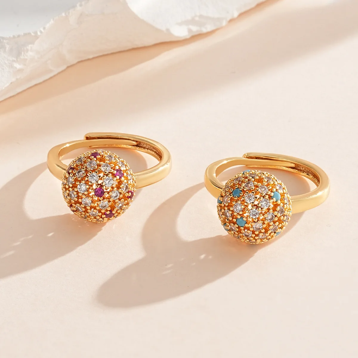 2026 New Light Luxury Colorful Ball Jewelry Women's Fashion Open Ring Super Sparkling Zircon Three Dimensional Circular Ring